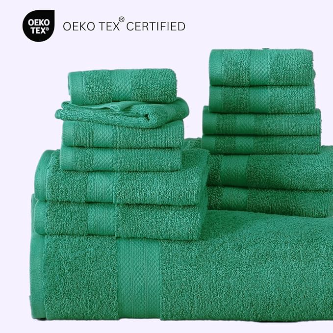 LANE LINEN 100% Ring Spun Cotton Premium Bath Towel Set, 18Pcs Turkish Towels & Washcloths Sets - 4 Bath, 8 Washcloths, 6 Hand - Sustainably Produced, Quick Drying & Gentle on Skin - Emerald