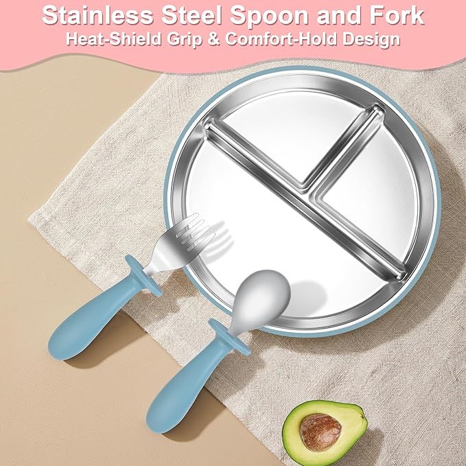 Bella's Friends Baby Feeding Set, 2 Pack Stainless Steel Divided Plate with Silicone Suction, 2 Set Spoons and Forks, BPA Free, Dishwasher Safe, Baby Led Weaning Supplies, Toddler Utensils, gray blue