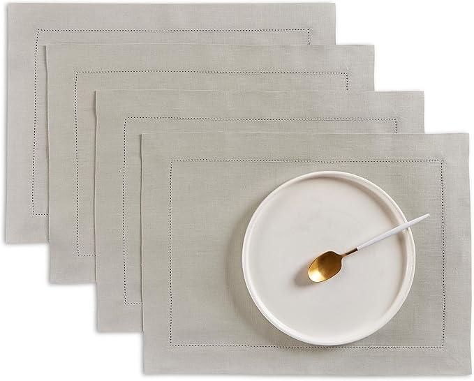 Solino Home Linen Cloth Placemats Set of 4-100% Pure Linen Medium Weight Hemstitch Light Grey Placemats 14 x 19 Inch - Handcrafted and Machine Washable Table Place Mats