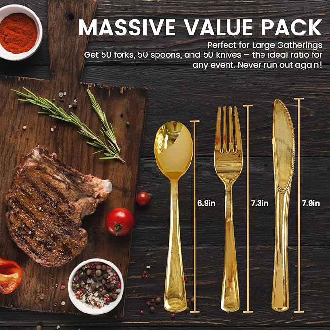 150PCS GzfunTeng Gold Plastic Silverware, Heavy Duty Disposable Cutlery Set Includes 50 Forks, 50 Knives, 50 Spoons for Party, Wedding and Daily Use (150 Pieces, Gold)
