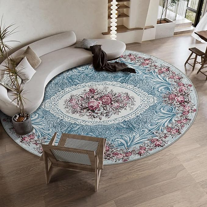 Easy-Going Round Area Rug 3ft Washable Floral Small Circle Rugs for Living Room Non-Slip Bedroom Rug Low Pile Lightweight Retro Flowers Throw Rug for Dining Room Kitchen Home Home Office, Teal Red