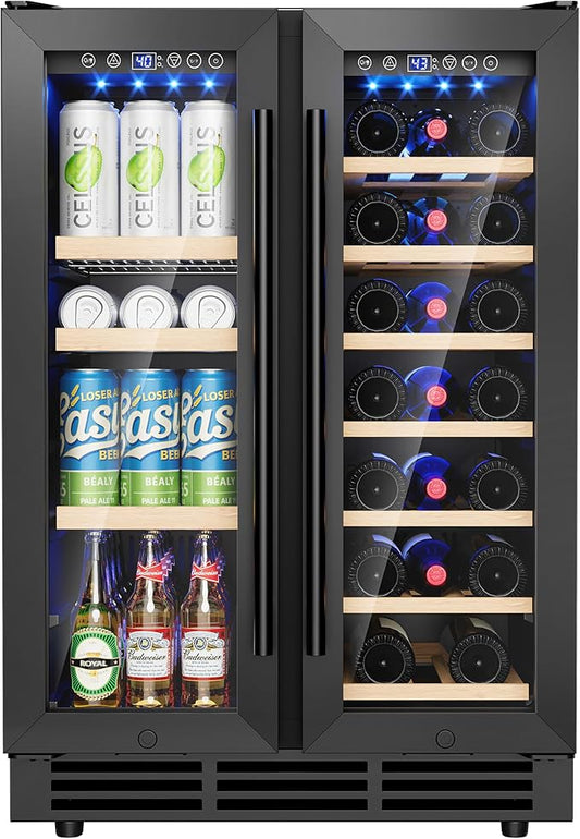 Wine and Beverage Refrigerator, 24 Inch Built-In Wine Fridge with Glass Door, Holds 20 Wine Bottles & 60 Cans, Under Counter Refrigerator with Quiet Cooling System & Blue LED Light(Black)
