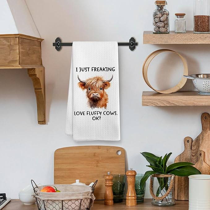 Funny Western Cow Bath Kitchen Towels Gifts for Women, Cow Bathroom Farmhouse Decor, Rustic I Just Freaking Love Fluffy Cows Decor Dish Hand Tea Towels for Bathroom Kitchen, 16x24Inch