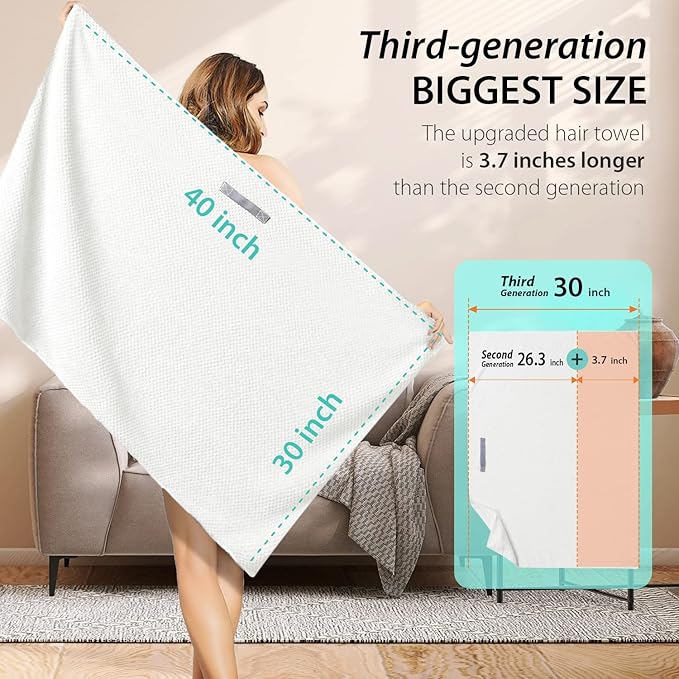 YFONG X-Large Hair Towel Wrap for Women, Super Absorbent Microfiber Hair Towel for Curly Hair, Fast Drying Hair Turbans with Elastic,Hair Drying Towel Wrap for Hair Care 30" X 40" (White)