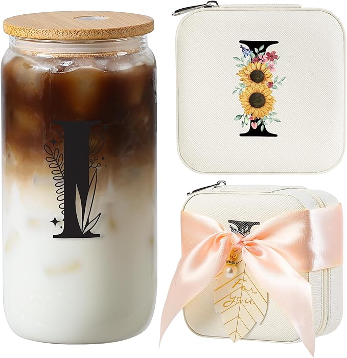 AYGXU Small Travel Jewelry Case, Portable Jewelry Box, Organizer Storage Holder Boxes, Iced Coffee Cute Tumbler Cup, Bamboo Lids for Glass Cups, Teacher Gifts for Women, Initial I White