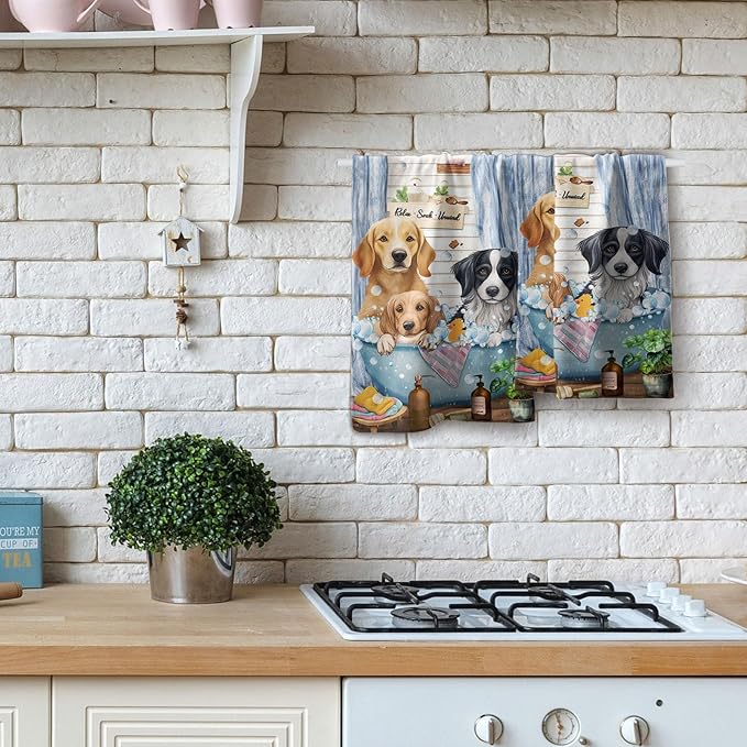 Imiss Funny Dog Hand Towels Set of 2 Bathtub Dog Bath Soap Foam Bathroom Guest Towel Wooden Vintage Country Kitchen Dish Towel 14.4 x 28.3 Inch for Bathroom Spa Sport Hotel