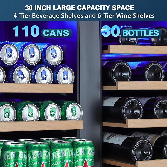 30 Inch Wine and Beverage Refrigerator, Dual Zone Wine Fridge with Quiet & Upgraded Cooling System, Large Capacity Beverage Cooler, Built-In or Freestanding, Holds 30 Bottles and 110 Cans