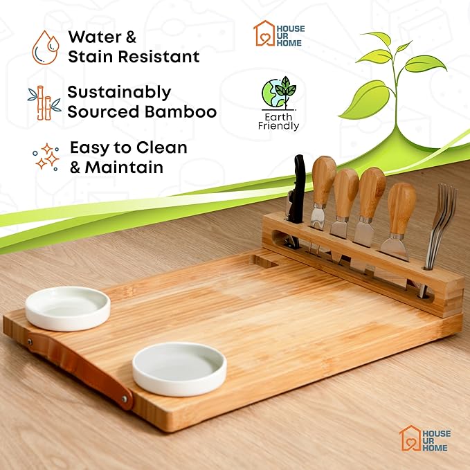 Bamboo Charcuterie Board Gift Set with Leather Handles, Knives, Wine Opener & Bowls – Elegant for Hosts, Couples & New Homeowners