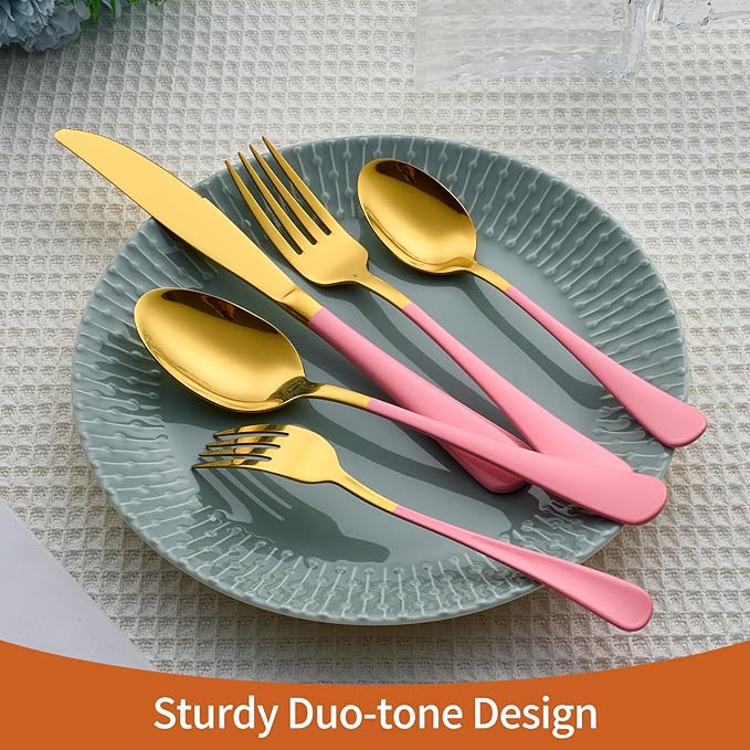 20 Piece Gold and Pink 18/0 Flatware Utensil Set for 4, Include Dinner Knife,Dinner Forks,Dinner Spoons,Salad Forks,Teaspoons,Silverware Set for 4, Dishwasher Safe