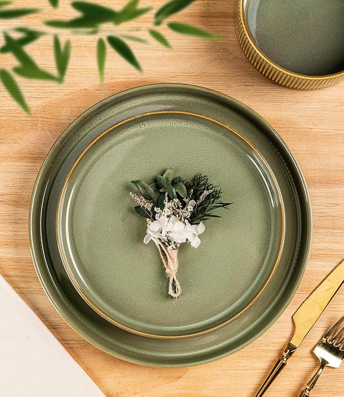 TheTerra Ceramic Dinnerware Sets for 6, 18 Pieces Porcelain Lightweight Plates and Bowls Sets, Scratch Resistant Dish Set, Oven & Microwave & Dishwasher Safe, Sage Umber