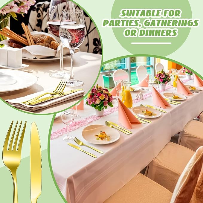 Nuenen 50 Pieces Stainless Steel Forks Silverware Set Dinner Forks and Knives Flatware Tableware Cutlery Set for Kitchen Restaurant(7.1 x 1 Inch, 8.4 x 0.7 Inch,Gold)