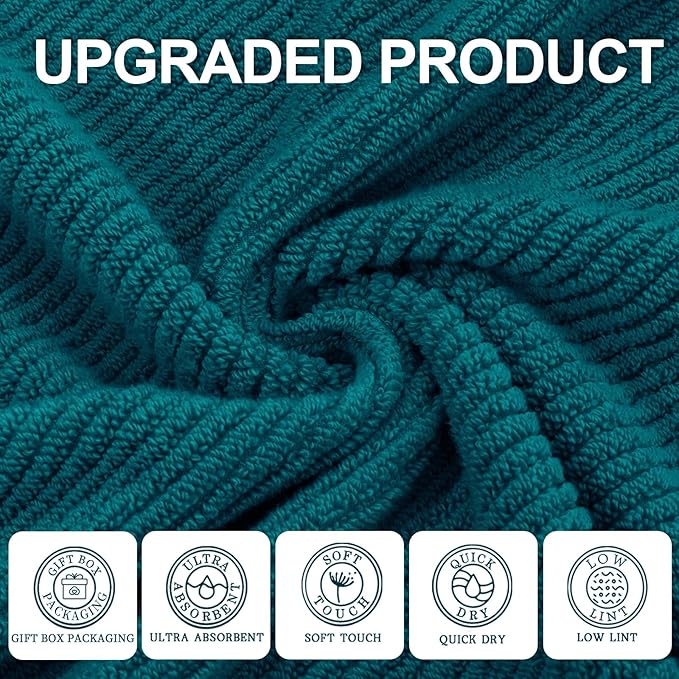 Bathroom Towels, 6 Piece Towel Set - Cotton | Soft | Quick Dry | Thick | Lightweight, 2 Large Bath 30"x56", 2 Hand 18"x28", 2 Washcloths 13"x13", Guest Towel Set, Deep Turquoise Gift Towel, Dark Teal