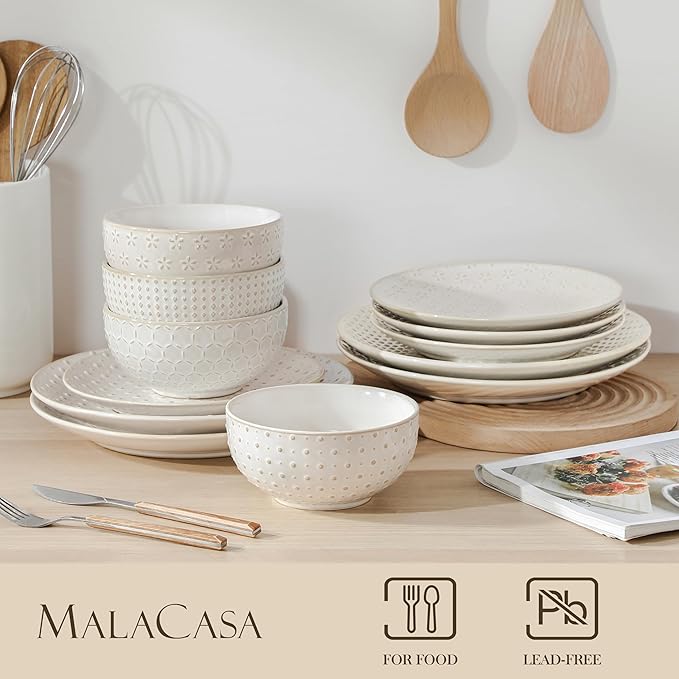 MALACASA 12 Pieces Dinnerware Sets, Modern Relief Design Plates and Bowls Sets, White Dish Set for 4, Kitchen Ceramic Dinner Plates Dishware Set, Microwave and Dishwasher Safe, Series LYDIA