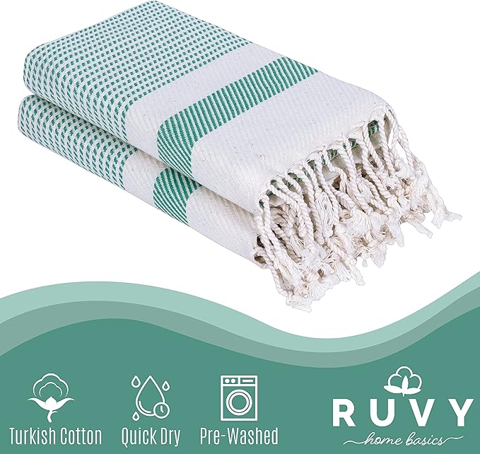 Ruvy Home Basics Turkish Hand Towels for Bathroom Set of 4 | 18"x40", Cotton | Decorative Towel for Bathroom, Kitchen, Dishcloth, Tea, Yoga, Face, Gym - Green