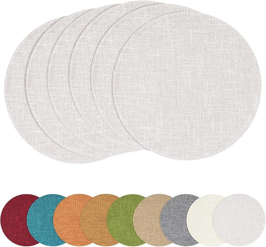 homing 15 Inch Round Cloth Placemats Set of 6, Cotton Linen Blend Washable Table Mats, Farmhouse Dining Place Mats for Indoors & Outdoors, Easy to Clean, Beige
