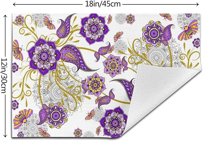 Boho Floral Placemats Set of 4 Linen Washable Non-Slip Heat-Resistant Purple Kitchen Table Mats for Dining Outdoor Party Home Decor 12x18 Inch Flower Decorative Place Mats