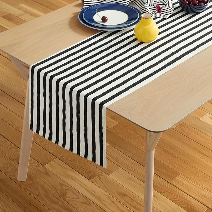Kate Spade New York Hand Painted Shirting Stripe Reversible Table Runner, 100% Cotton, Cream/Black, 15"x72"