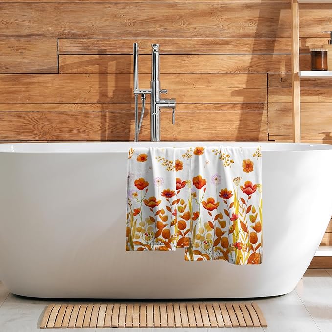 Imiss Orange Wildflowers Hand Towels Fall Yellow Poppy Floral Watercolor Botanical Bathroom Towel Set of 2 Autumn Seasonal Soft Absorbent Bath Guest Towels for Gym,Spa,Hotel