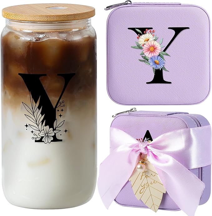 AYGXU Travel Gifts for Women,16oz glass cups with lids and straws,mom birthday gifts,aesthetic cups,coffee cups,travel jewelry case organizer,Travel Essentials Small Jewelry Box,Initial Y purple