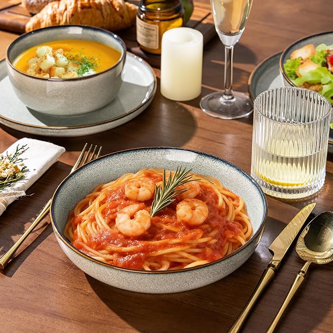 GBHOME 24 Pieces Double Bowls Ceramic Dinnerware Sets for 6, Stoneware Plates and Bowls Set with Reactive Glaze, Scratch Resistant Stoneware Dishes Set, Dishwasher & Microwave Safe