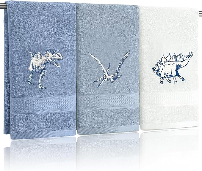 3 Pcs Dinosaur Decorative Hand Towels for Bathroom 13.5x29.5in Funny Dino Embroidered Bathroom Towels, Soft Absorbent 100% Cotton Hand Towels for Bath Room Kitchen(Blue)
