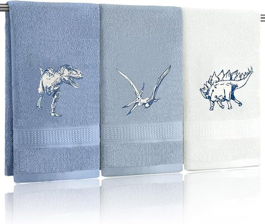 3 Pcs Dinosaur Decorative Hand Towels for Bathroom 13.5x29.5in Funny Dino Embroidered Bathroom Towels, Soft Absorbent 100% Cotton Hand Towels for Bath Room Kitchen(Blue)