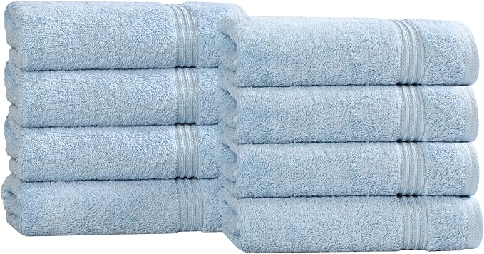 Superior Egyptian Cotton 8-Piece Hand Towel Set, Towel Basics For Quick Dry, Absorbent Small Towels, Facial, Spa, Kitchen, Bathroom Essentials, Apartment, Guest Bath, Soft, Washcloth, Light Blue