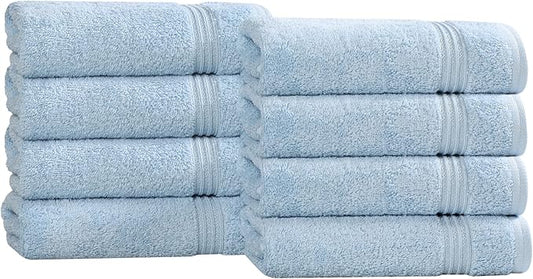 Superior Egyptian Cotton 8-Piece Hand Towel Set, Towel Basics For Quick Dry, Absorbent Small Towels, Facial, Spa, Kitchen, Bathroom Essentials, Apartment, Guest Bath, Soft, Washcloth, Light Blue