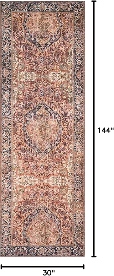 Loloi Layla Collection LAY-08 Red/Navy 2'-6" x 12'-0" .13" Thick Runner Rug, Soft, Durable, Vintage Inspired, Distressed, Low Pile, Non-Shedding, Easy Clean, Printed, Living Room Rug