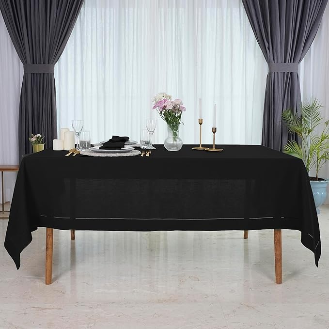D'Moksha Homes Black Linen Tablecloth for Rectangle Tables 60 x 102 Inch - Classic Hemstitch 100% Pure Linen Black Table Cloth - Machine Washable Dining Tablecloth for Christmas, Holiday, New Year