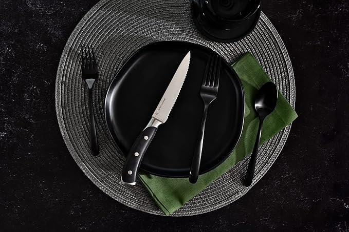 DURA LIVING 8-Piece Serrated Kitchen Steak Knife Set – Forged High Carbon Stainless Steel, Ultra Sharp, Ergonomic Black Handles, Durable Dinner Knives, Black Handle