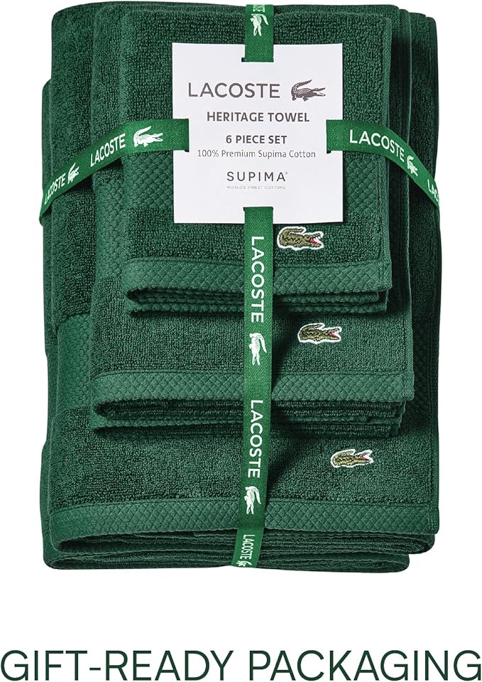 Lacoste Heritage Supima Cotton 6-Piece Towel Set, 2 Bath Towels, 2 Hand Towels, 2 Washcloths, Eden – Highly Absorbent & Quick Drying, Bathroom Essential, Machine Washable