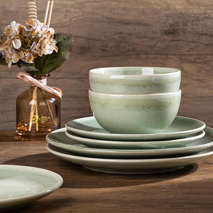 AmorArc Ceramic Dinnerware Sets for 8, 24 Pieces Handpainted Plates and Bowls Set, Scratch Resistant Stoneware Dishes Set, Dishwasher & Microwave Safe, Olive Green