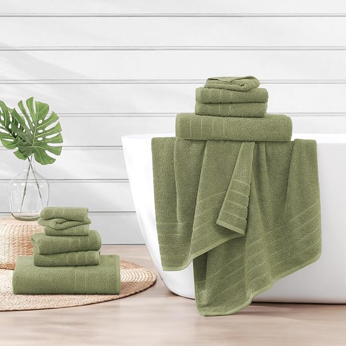 Casa Platino 100% Cotton Premium Bathroom Towel Set - 12 Pieces - Ring Spun, Quick Dry, Super Soft & Highly Absorbent - 4 Bath Towels, 8 Washcloths, 6 Hand Towels for Bathroom - Pre Shrunk - Oil Green