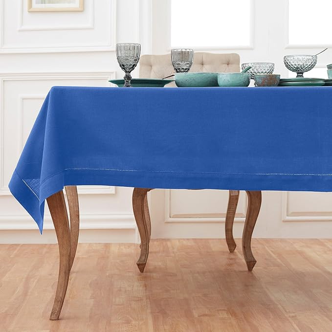 Solino Home Royal Blue Linen Tablecloth 60 x 132 Inch - 100% Pure Linen Hemstitch Table Cloth for Rectangle Tables - Classic Hemstitch, Machine Washable Tablecloth for New Year
