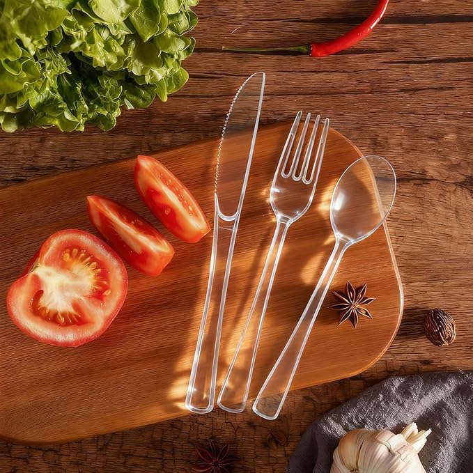 300 Count Clear Plastic Cutlery Sets Disposable, Includes 100 Knives, 100 Forks, 100 Spoons, Heavyweight Plastic Silverware Utensils for Parties, Events and Everyday Use (Cutlery Sets)