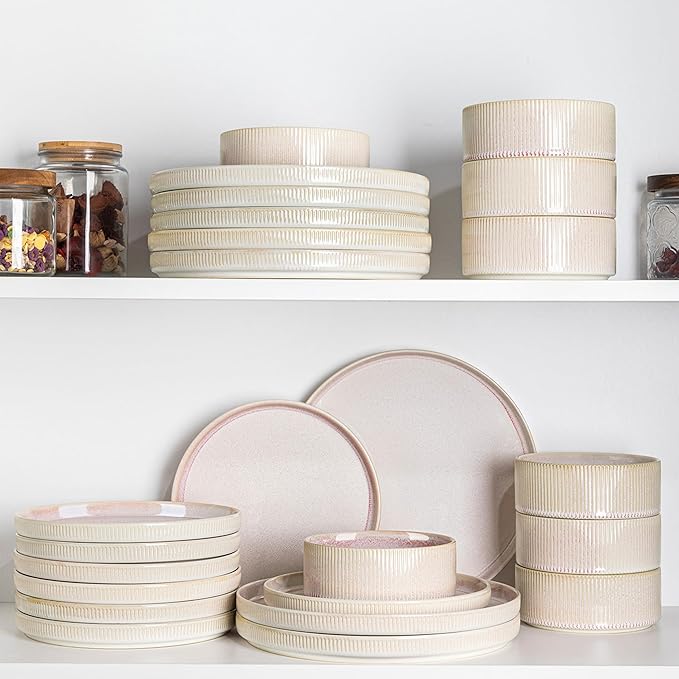TheTerra Ceramic Dinnerware Sets for 8, 24 Pieces Porcelain Lightweight Speckled Plates and Bowls Sets, Scratch Resistant Dish Set, Oven & Microwave & Dishwasher Safe, Primrose Pink