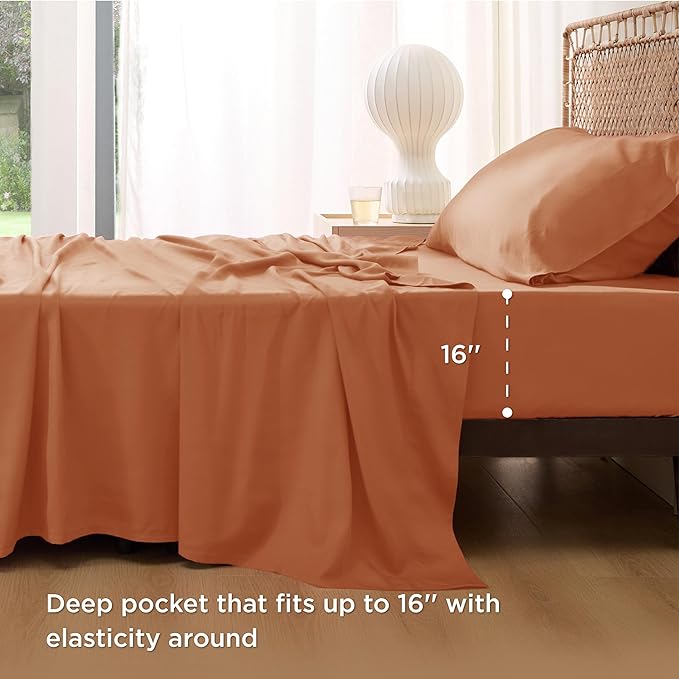 Bedsure Cooling Sheets Twin, Rayon Derived from Bamboo, Breathable & Soft Twin Sheets Set, Deep Pocket Up to 16 Inches, Hotel Luxury Silky Bedding for Hot Sleepers, Burnt Orange