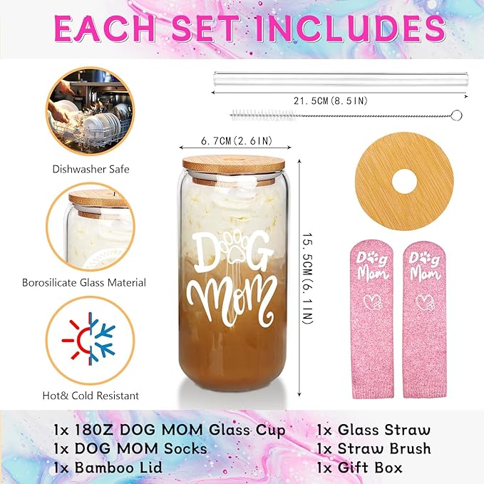 Mason Life Birthday Gift for Women, Gift for Her, Glass Cup and Sock for Dog Mom, Dog Mom Gifts for Women, Dogs Themed Gifts, 18oz Drinking Glasses with Bamboo Lid and Glass Straw