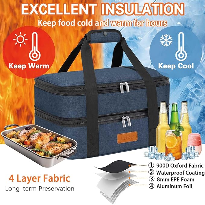 LHZK Double Insulated Casserole Carrier for Hot or Cold Food, Lasagna Holder Tote for Potluck Parties, Beach, Picnic, Travel, Fits 11x15 or 9x13 Dish (Blue)