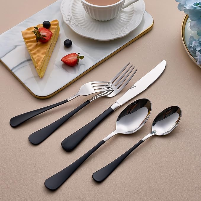 20-Piece Black Silverware Set for 4, 18/0 Stainless Steel Flatware Cutlery Utensils Set, Include Dinner Knives,Dinner Forks,Dinner Spoons,Salad Forks,Teaspoons, Elegant Gift，Dishwasher Safe