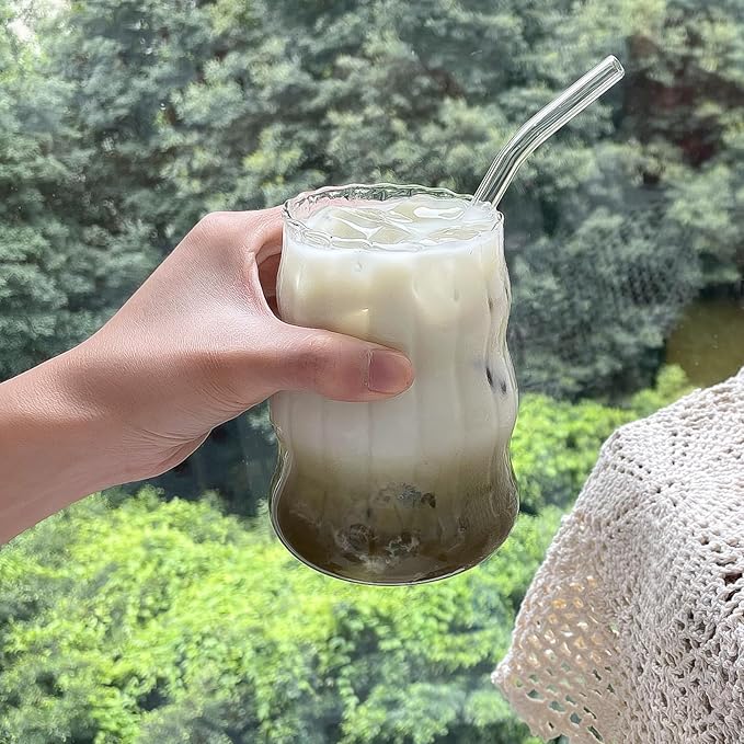 4 Pcs Ribbed Glass Cups, Vintage Drinking Glassware with Glass Straw 18 Oz Bubble Iced Coffee Cup for Juice, Tea, Beverage, Milk, Beer, Cocktails Ideal for Gift