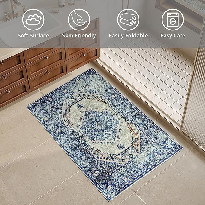 Easy-Going Boho Area Rug 2x3 Washable Entryway Rugs Front Door Mat Indoor Entrance Non-Slip Vintage Distressed Small Entry Rug for Living Room Kitchen Bathroom Office Lightweight Carpet, Blue Cream