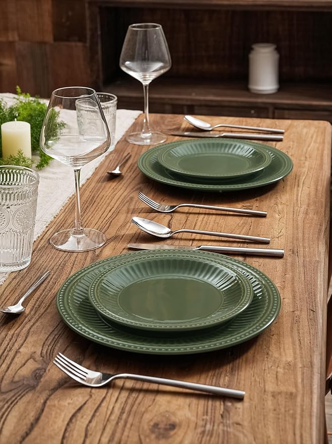 Famiware Garden Plates and Bowls Set, 12-Piece Dishes Set for 4, Scratch Resistant Kitchen Dishes Dinnerware Set - Microwave and Dishwasher Safe, Reactive Glaze and Embossed Stoneware, Dark Green