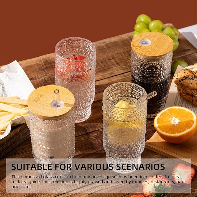 Drinking Glasses with Bamboo Lids and Glass Straw 8pcs Set,16oz Glass Tumbler Cups,Water Glasses,Iced Coffee Glasses,iced Tea Glasses,Beer Glasses,Ideal for Whiskey,2 Brushes