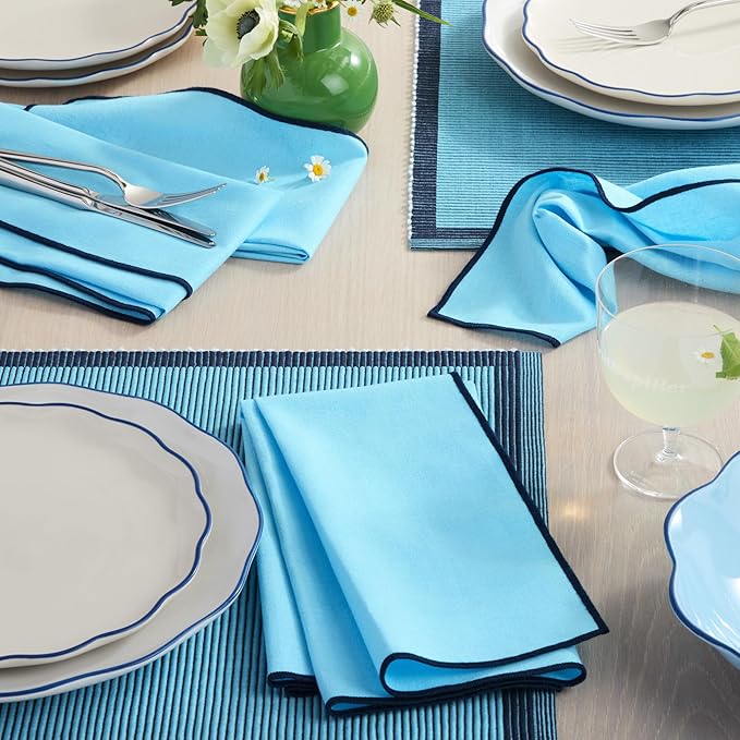 Kate Spade New York Garden Party Embroidered Edge Napkins 4-Pack Set, Cotton-Linen Machine Washable, Blue/Navy Blue, 20"x20"