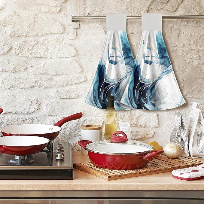 Giwawa Blue Abstract Kitchen Hand Towels 2 Pieces Canvas Art Dish Cloth Tie Towels with Hanging Loop Tea Bar Towels for Bathroom Tabletop Home