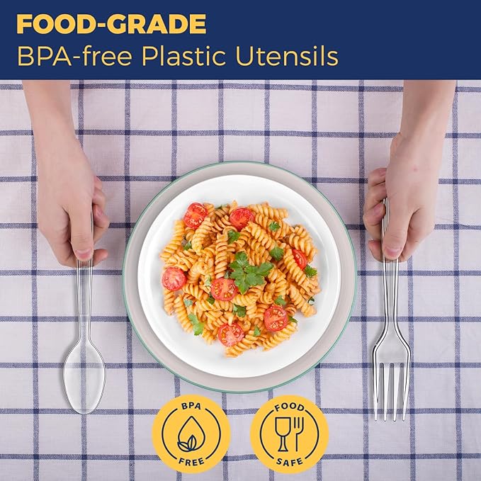 360 Count Extra Heavy Duty Plastic Silverware Set – Heat Resistant & BPA Free Disposable Silverware Cutlery 150 Forks, 150 Spoons, 60 Knives – Clear Premium Plastic Utensils for Parties & Events