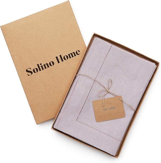 Solino Home Linen Napkins Set of 6 - Classic Hemstitch 100% Pure Linen Lilac Dinner Napkins Cloth 20 x 20 Inch for Valentines - Handcrafted and Machine Washable