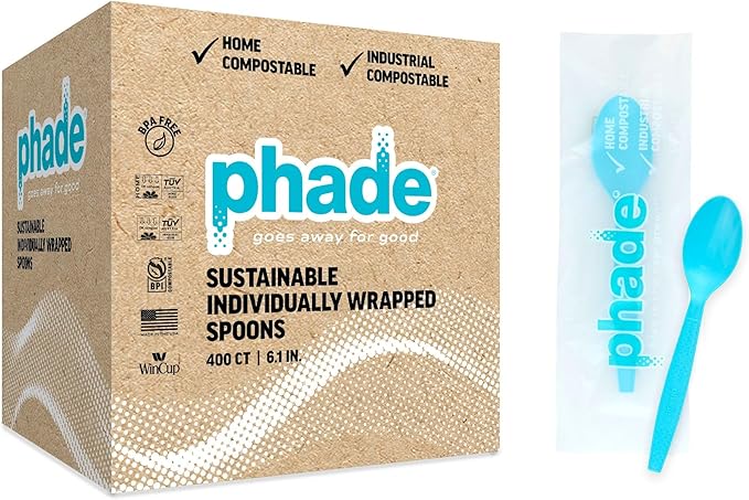 phade 100% Compostable Spoons – BPI Certified Wrapped Cutlery in Compostable Packaging, 400 Bulk Count, 6.1 Inch Sustainable Disposable Utensils for Home, Events, Takeout – Made in USA